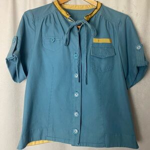 Vtg Y2K Marc Jacobs Teal Tie-Neck Unique Designer Blouse Button Front Top S